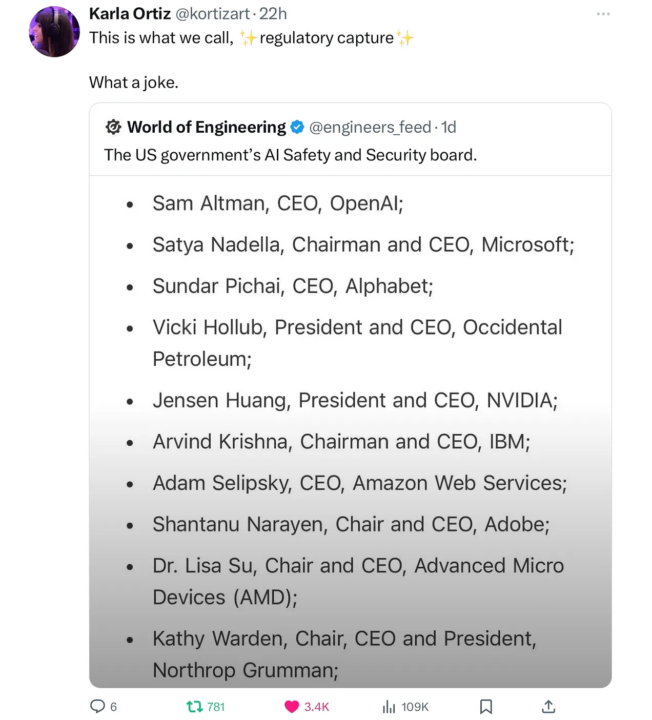 die Zusammensetzung des US-AI-safety boards zeigt nur die Chefs der Firmen die von den AI-Systemen leben, keine Kritiker